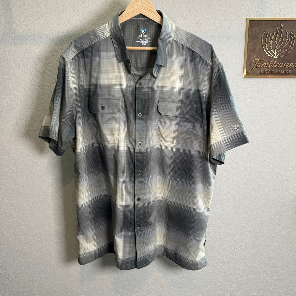 Kuhl Mens XL Short Sleeve Plaid Button Down Shirt Grey White Quick Dry Hiking